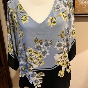 White House Black Market Floral V-Neck Blouse - Blue, Black, Yellow